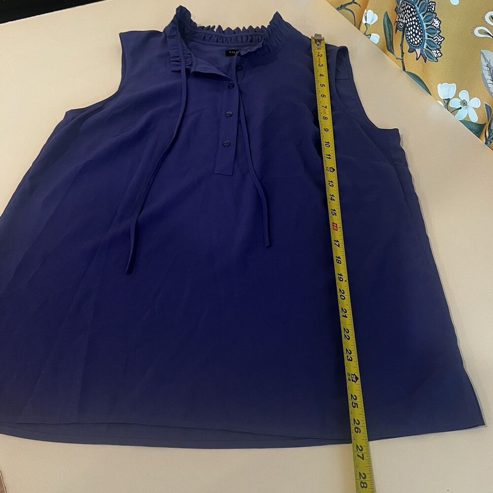 Talbots Blue Sleeveless Blouse Ruffle Trim And Tie Neck Sz 12 Office Work School - Picture 7 of 7